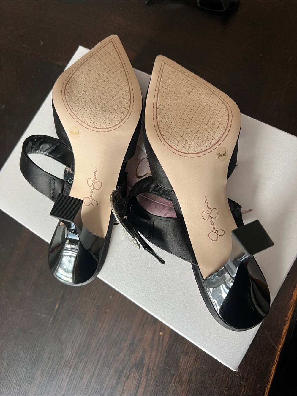 Jessica Simpson Black Satin Pointed Toe Heels with Crystal Buckle Accent - Picture 4 of 6